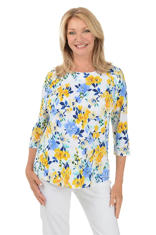 Petite Yellow Floral Pleated Shoulder Top