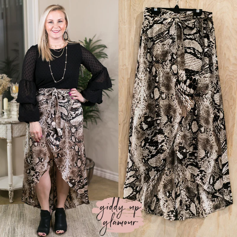 Last Chance Size Small | Let Me Go Out Hi Low Wrap Snakeskin Skirt in Mocha