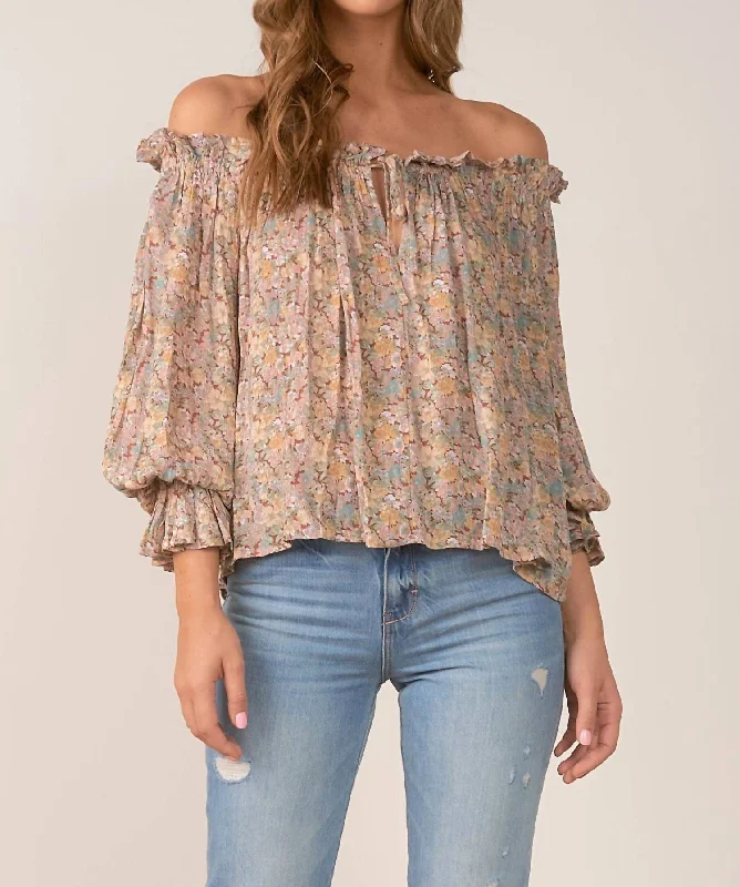 Long Sleeve Off Shoulder Top In Floral Dusty Rose