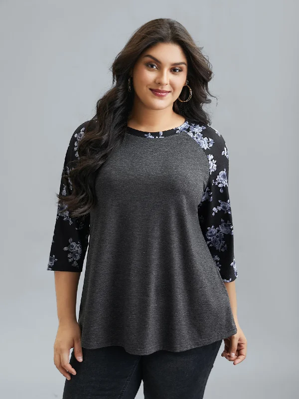 Floral Sleeve Round Neck Flared T-Shirt