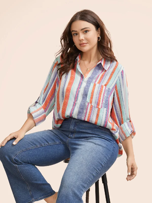 Contrast Striped Patched Pocket Tab Sleeve Blouse