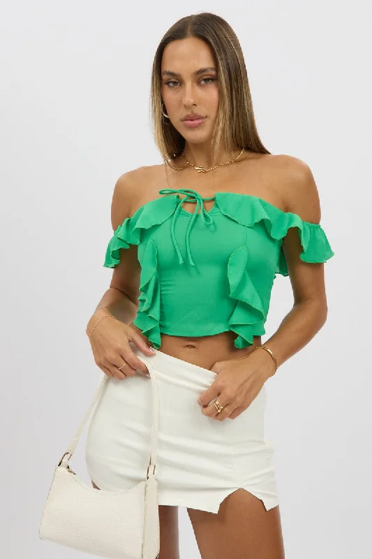 Green Frilled Top Sleeveless Off Shoulder Chiffon