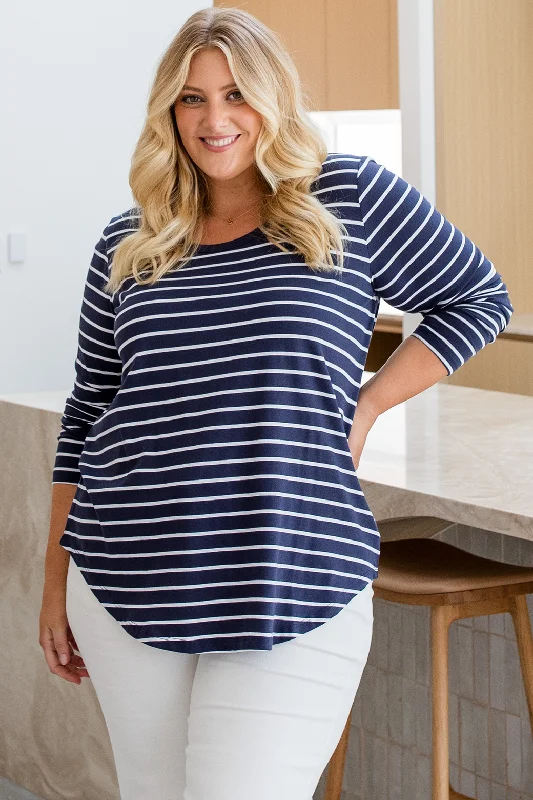 FINAL SALE Megan Long Sleeve Top Dark Blue Stripe