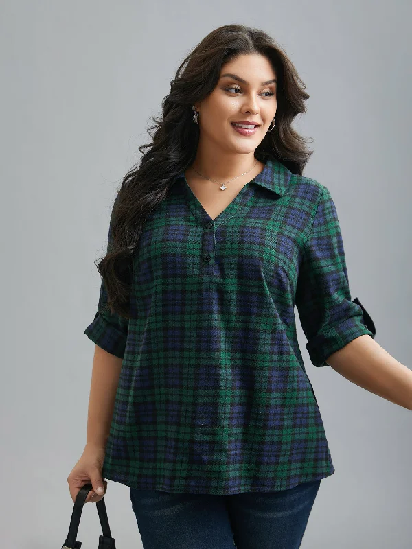 Plaid Print Tab Sleeve Blouse