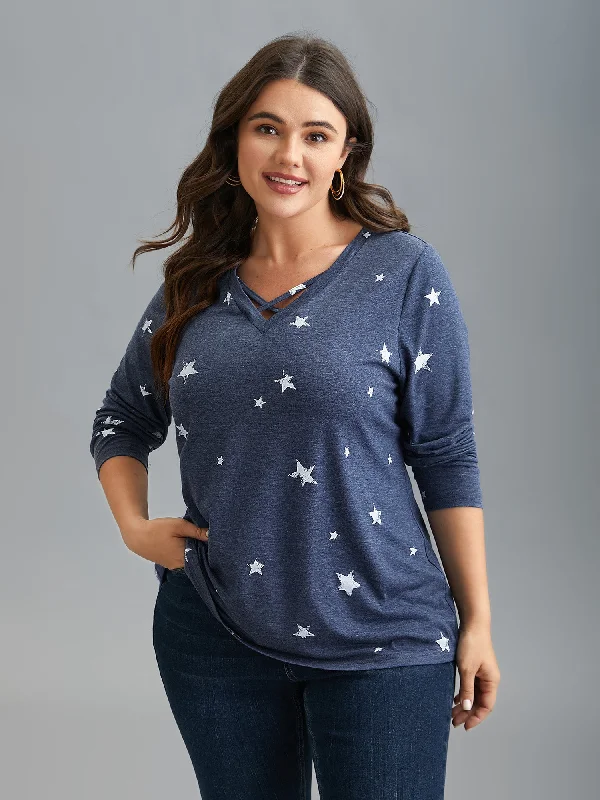 Star Print Crisscross Cut-Out T-Shirt