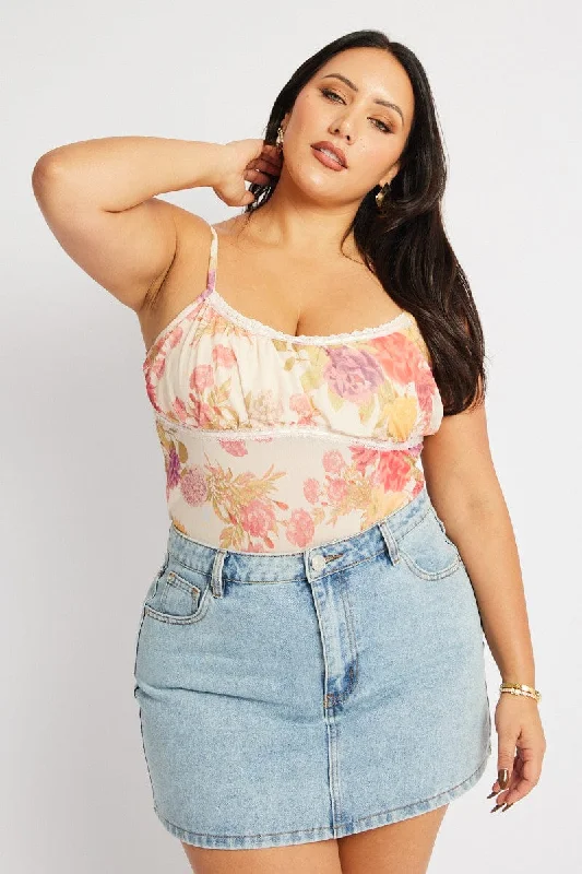 Pink Floral Floral Mesh Top