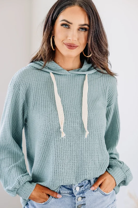 Stay In Contact Teal Blue Waffle Knit Hoodie