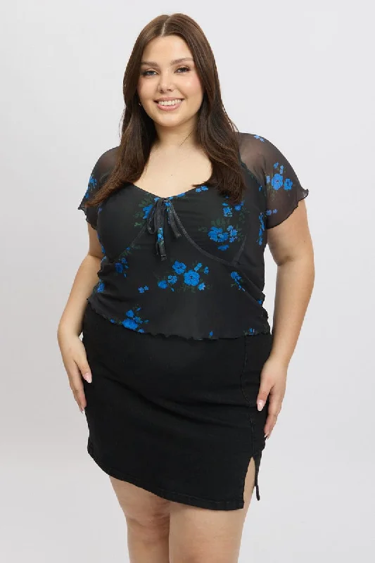 Blue Ditsy Floral Mesh Top Short Sleeve V Neck