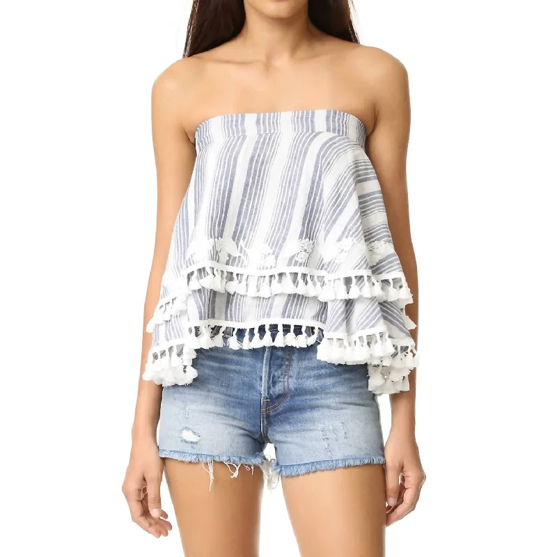 Women's Amaris Tassel Trim Embroidered Floral Strapless Top In White/blue