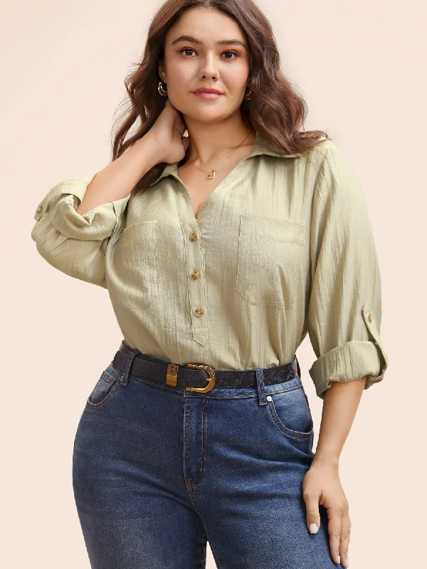 Solid Patched Pocket Tab Sleeve Blouse