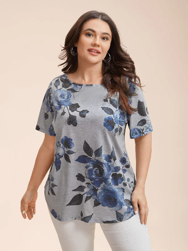 Floral Print Round Neck Fitted T-Shirt