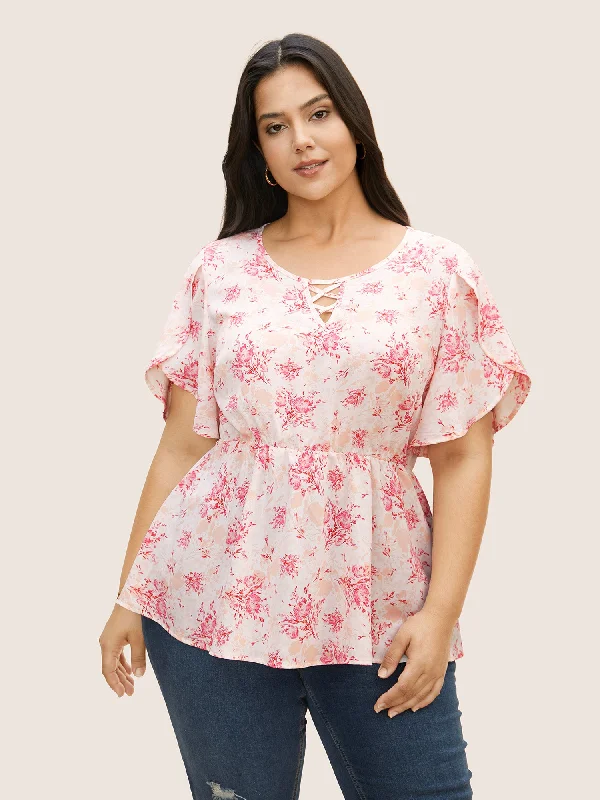 Floral Petal Sleeve Elastic Waist Crisscross Blouse