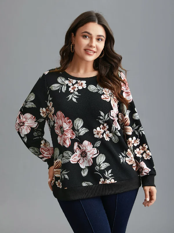 Big Flowers Crew Neck Elastic Sweatshirt