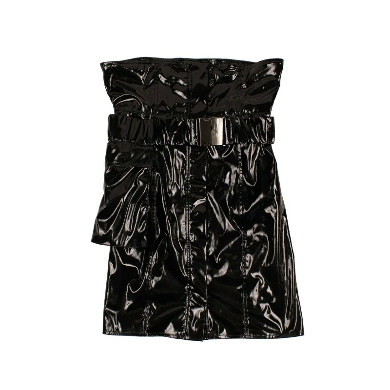 High-Waisted Vinyl Mini Skirt - Black