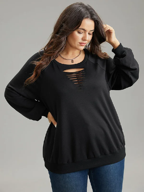 Solid Rib Knit Cut Out Raglan Sleeve Sweatshirt