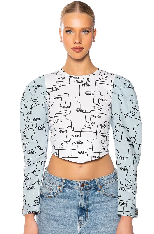 DENIM SLEEVE PRINTED SWEATSHIRT