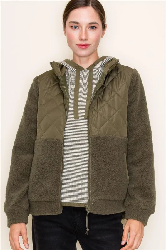 Olive Quilted Fleece Zip Up Jacket - FINAL SALE