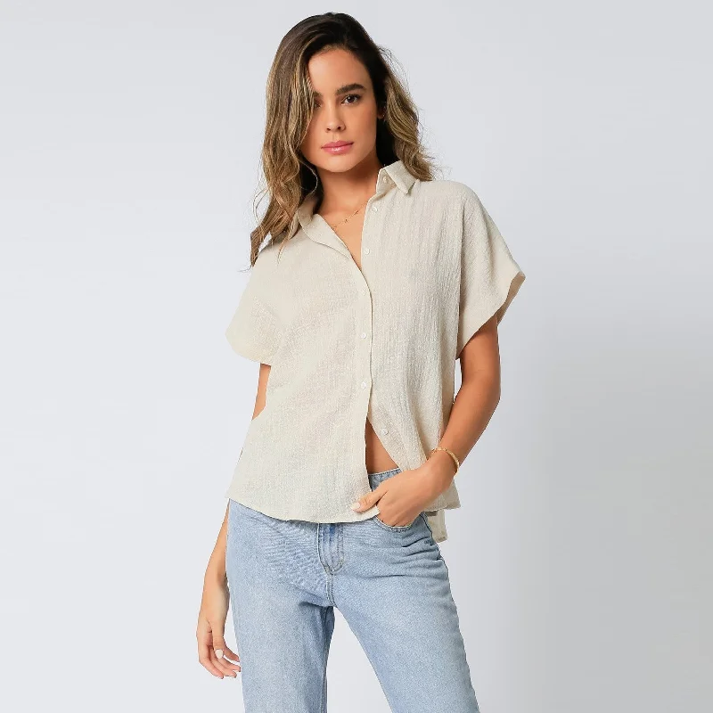 Short Sleeve Button Up Linen Top (Malibu)