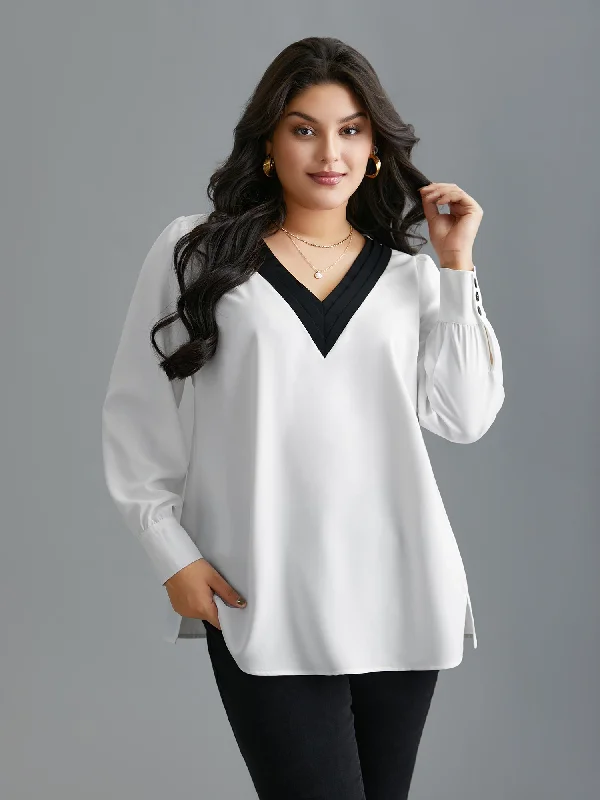 V-Neck Patchwork Contrast Blouse