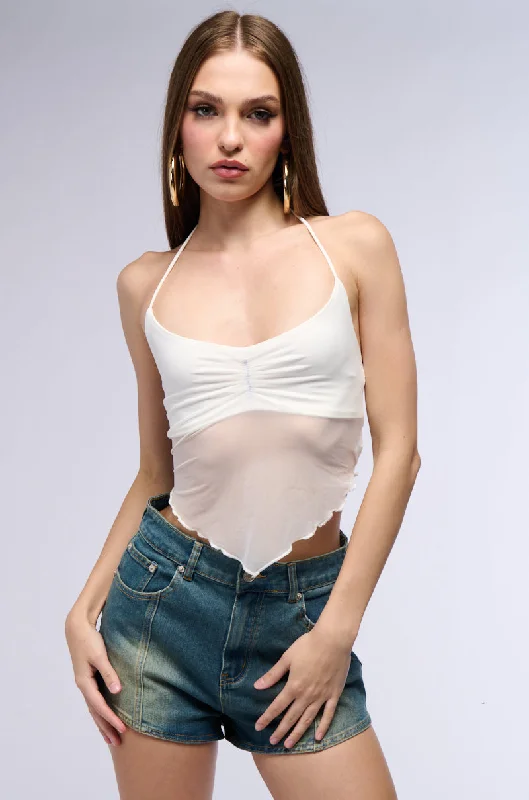 ALL YOUR LOVE HALTER TIE NECK MESH CROP TANK IN WHITE