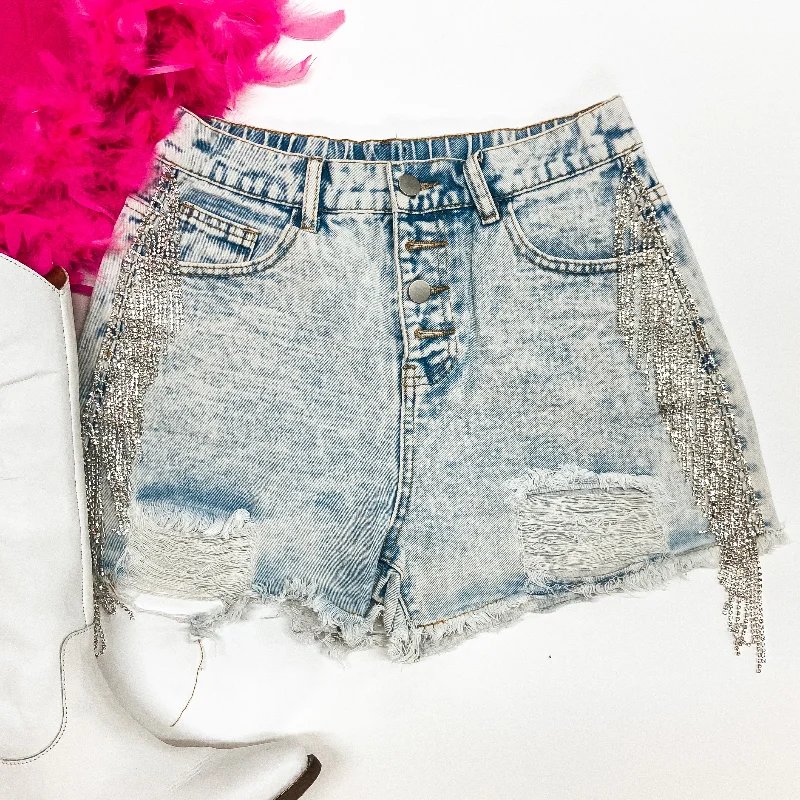 Broadway Girls Crystal Fringe Distressed Denim Shorts in Light Wash