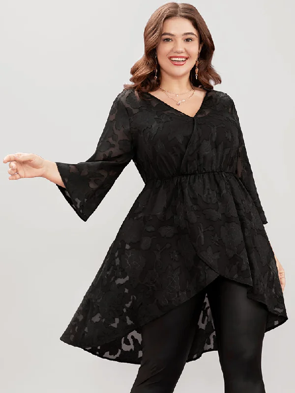 Floral Mesh Surplice Neck High Low Hem Blouse