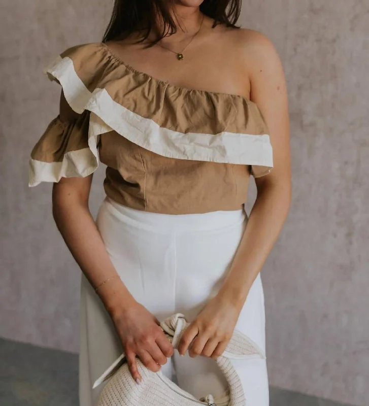 Rosalie Ruffle One-Shoulder Top In Khaki & Cream