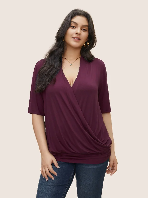 Drape Deep V Neck Wrap Gathered T-shirt