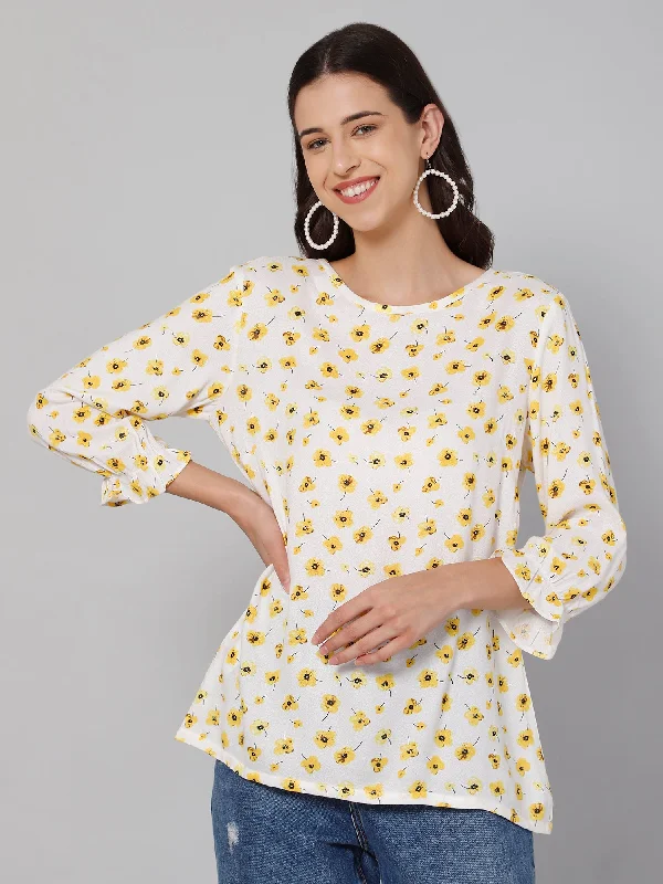 Women's Casual  Yellow Floral Print Round neck Tunic