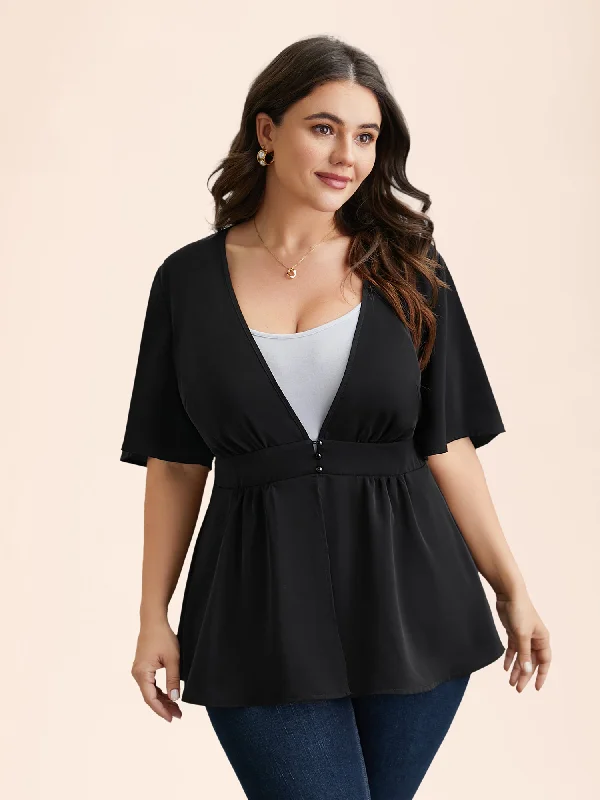 V-Neck Stretchy-Waist Button Flared Blouse