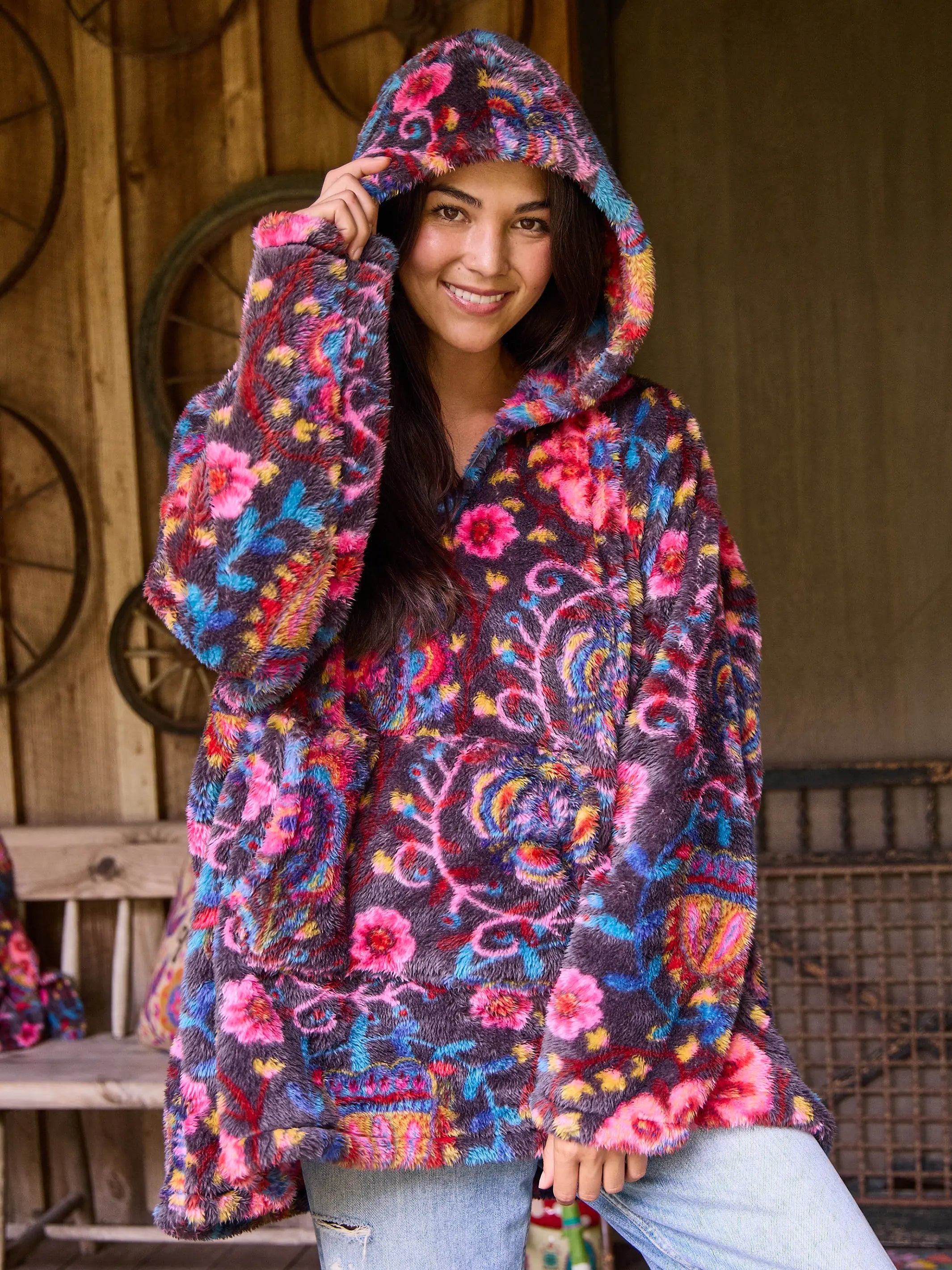 Oversized Blanket Hoodie - Black Pink Folk Floral