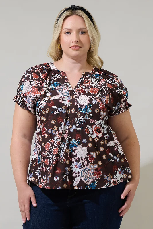 Journee Floral Jemma Ruffle Split Neck Top Curve