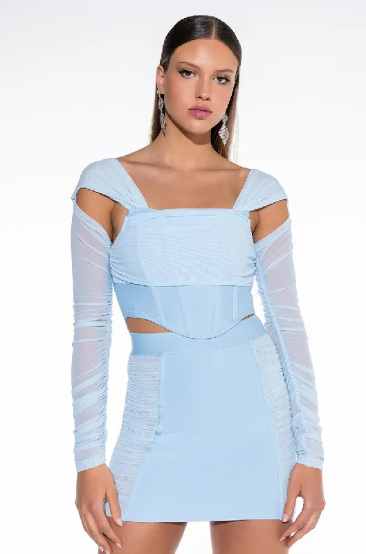 PERFECTIONIST CORSETED BANDAGE OFF THE SHOULDER BLOUSE