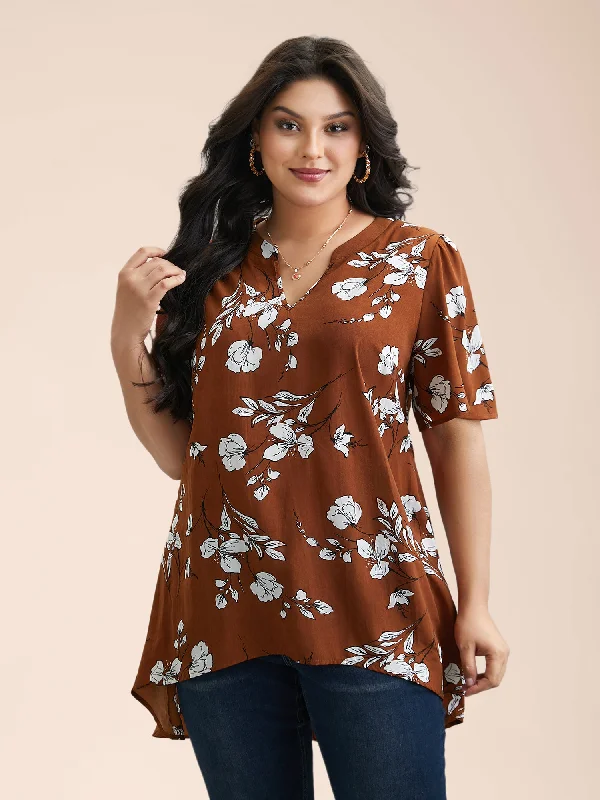 Floral Print Notched Collar Hi-Low Hem Blouse