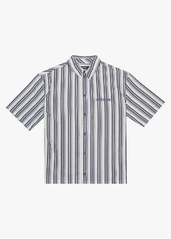 AFENDS Mens Lined Up - Short Sleeve Shirt - White Stripe