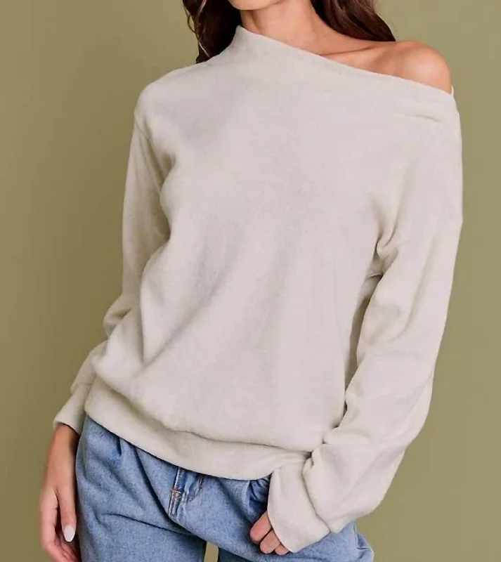 Long Sleeve Unbalanced Off-Shoulder Top In Ivory