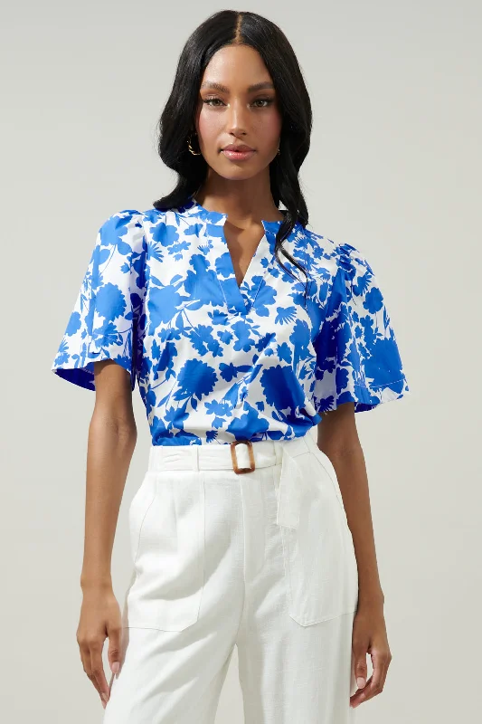 Marinelle Floral Poplin Chrissy Split Neck Top