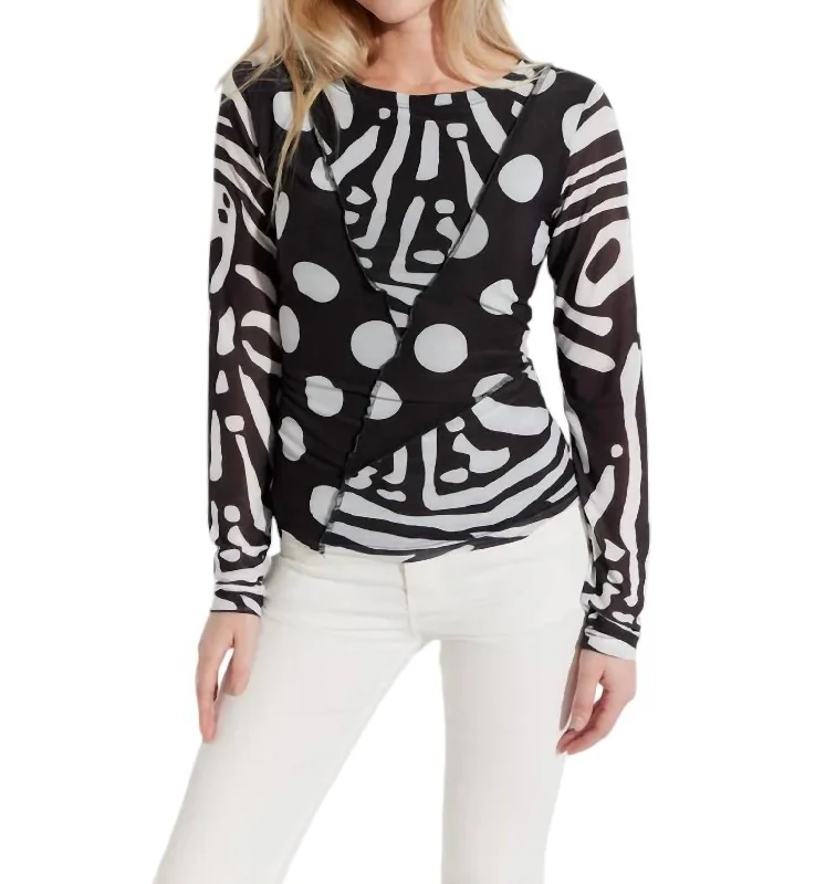 Printed Patchwork Crewneck Mesh Top In Black /white