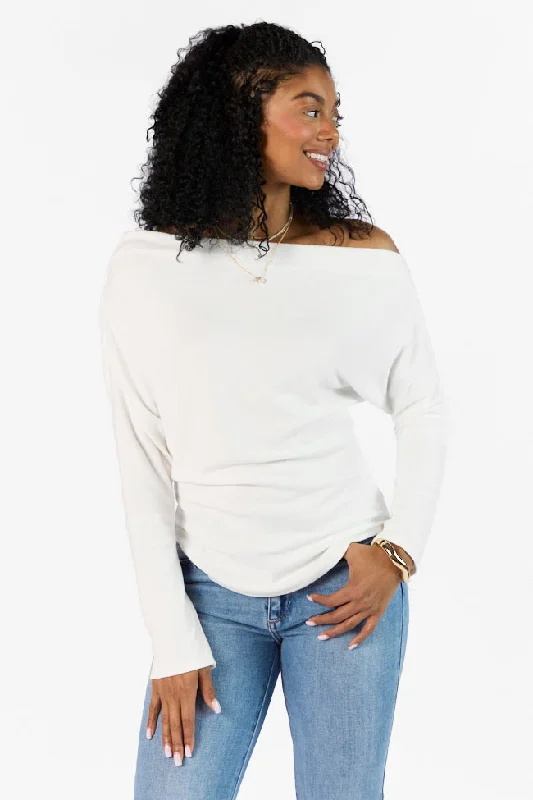 Giving It A Go Ivory Rib Off The Shoulder Top