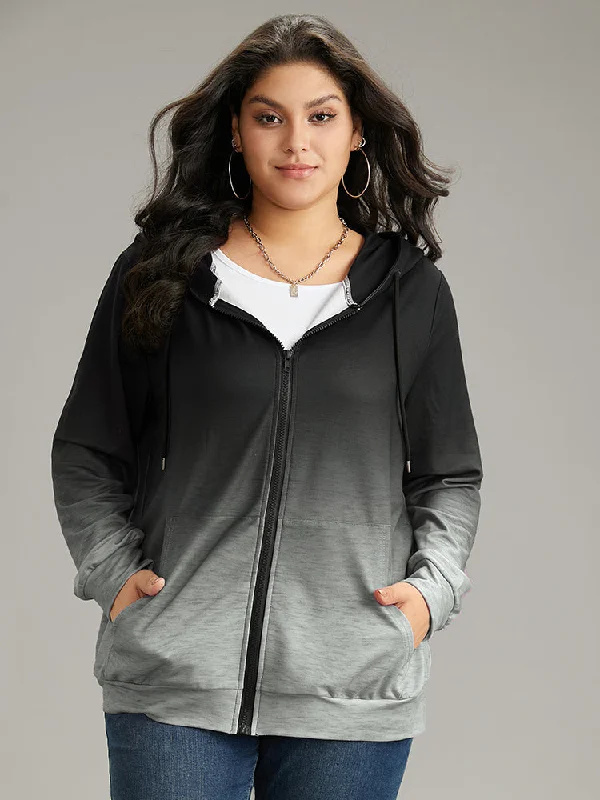 Ombre Hooded Zipper Drawstring Sweatshirt