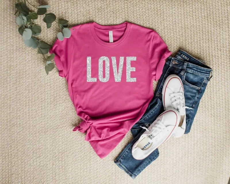 Women's Love Glitter Graphic Tee Shirt In Pink