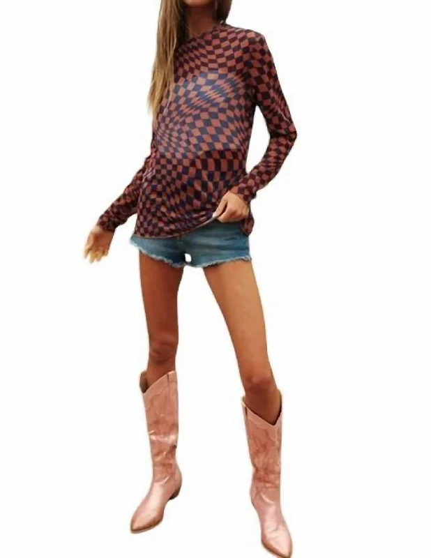 Checker Board Mesh Top In Brown/black