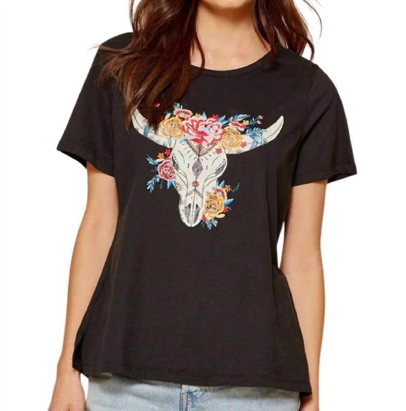 Floral Skull Graphic Tee In Black