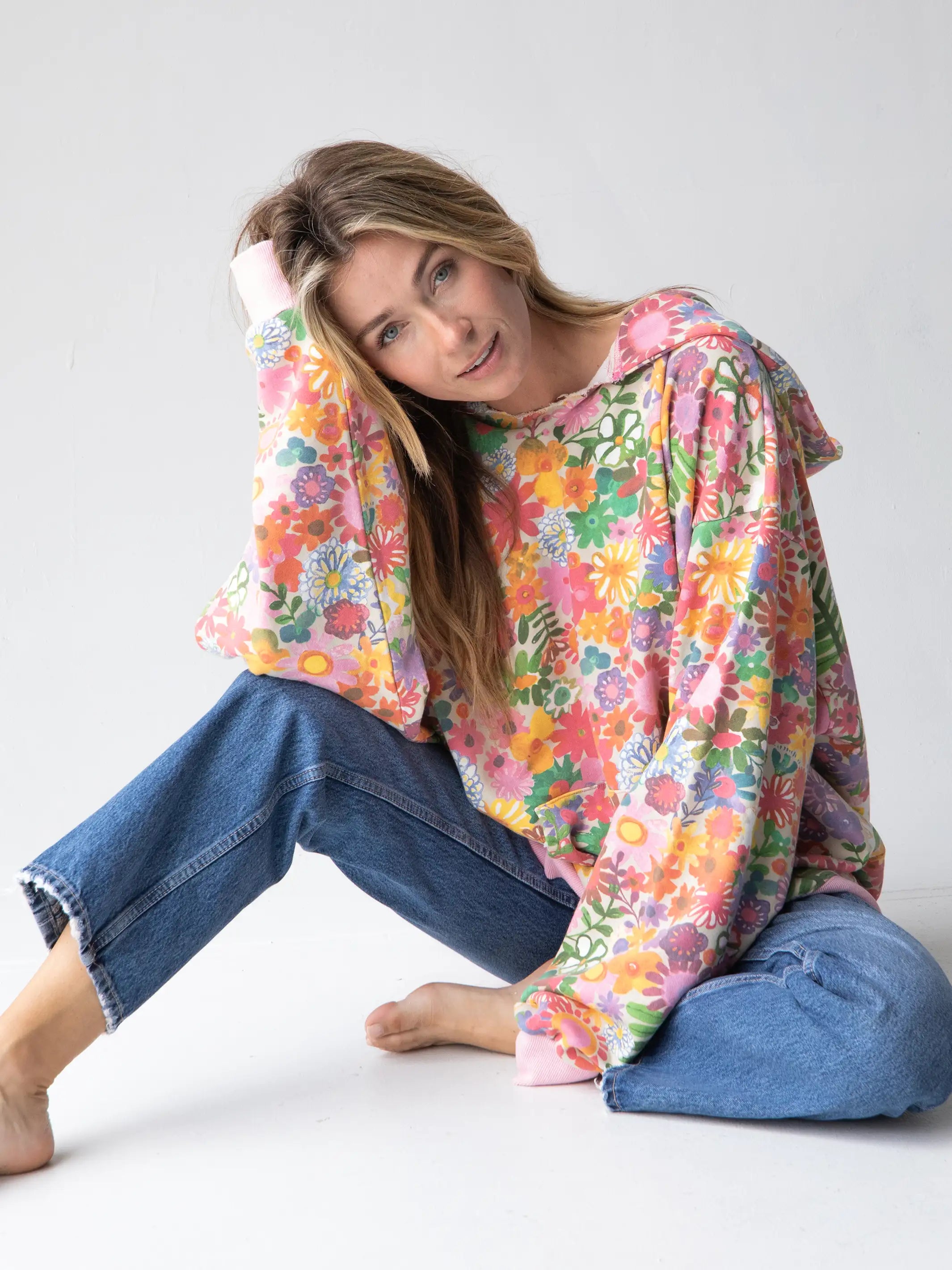 Oversized Printed Hoodie - Rainbow Floral