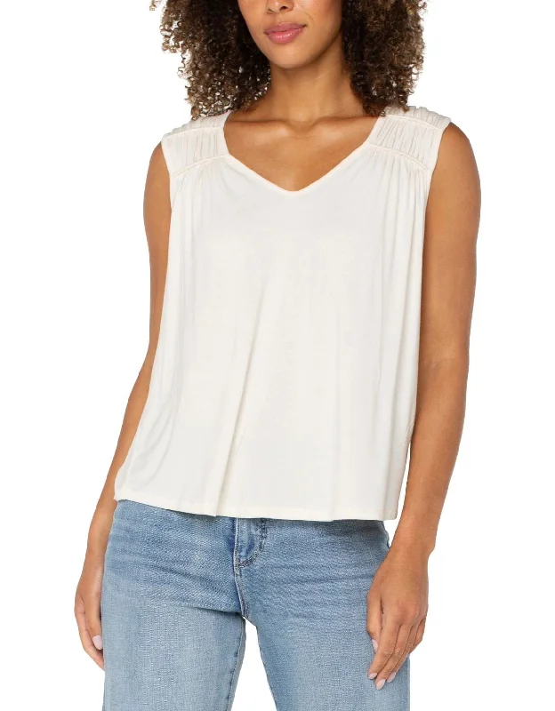 Liverpool Sleeveless Shirred Detail Knit Top WHIPPED CREAM