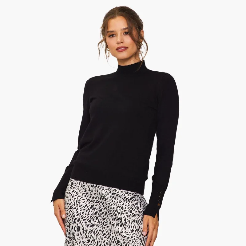 Long Sleeve Mock Neck Cuff Button Detail Knit Top (Black)