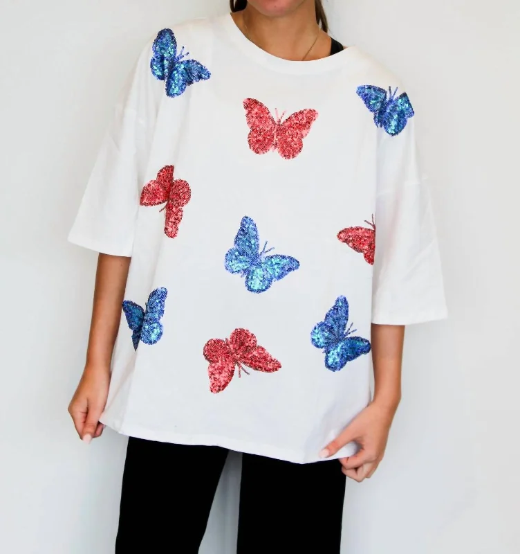 Butterfly Sequin Oversized Tee In White