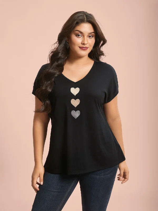 Heart Print Stretchy Dolman Sleeve T-Shirt