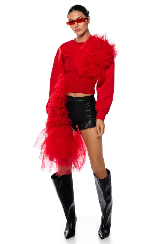 FEELING RED TULLE LONG SLEEVE SWEATSHIRT