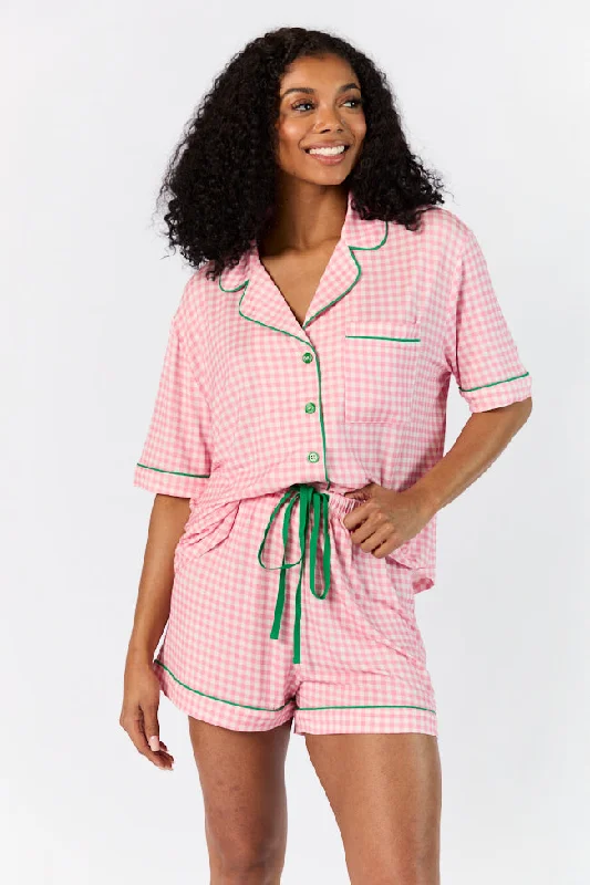 Good To Get Away Pink Gingham Short Sleeve Pajama Top